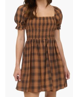Blu Pepper Plaid Smocked Square-Neck Mini Dress - Brown